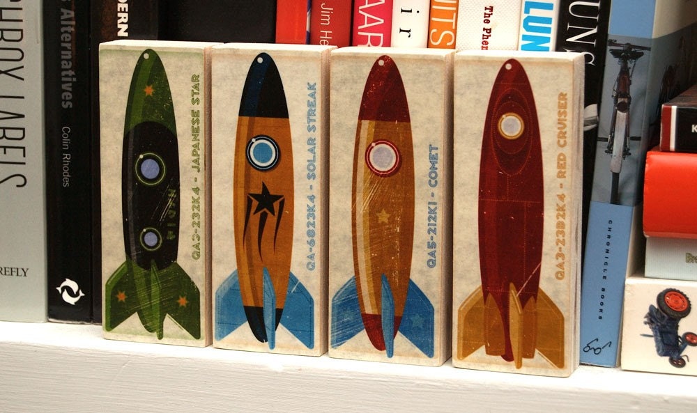 Retro Rocket Art Series Shelf Decor - set of four Mini Art Blocks - Sci Fi Art Print on Wood - Fathers Day Gift for Dad