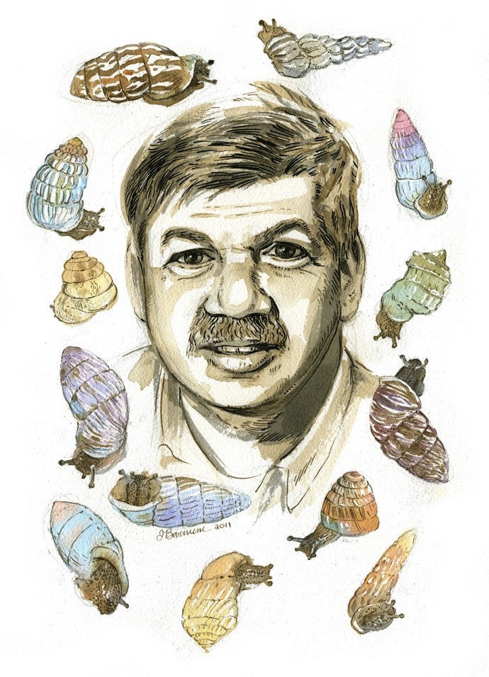 Stephen Jay Gould with snails portrait print- small