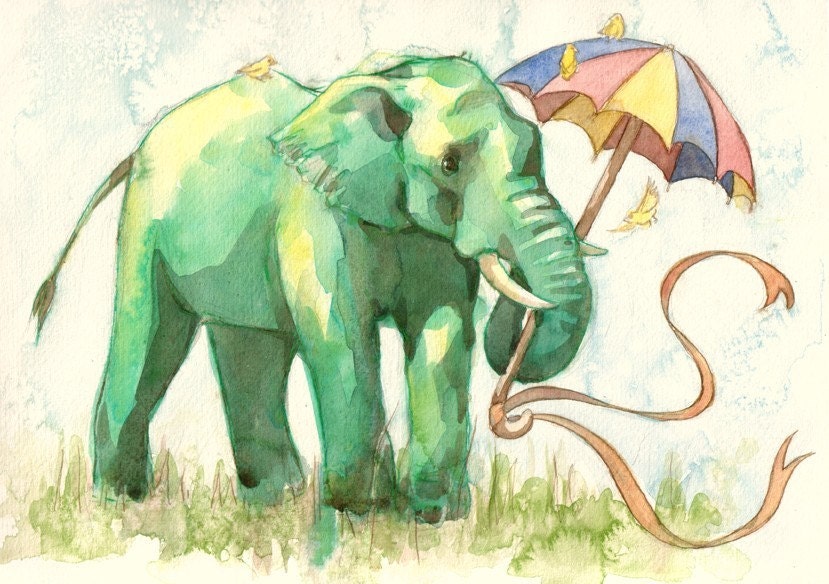 Green Elephant illustration print- small