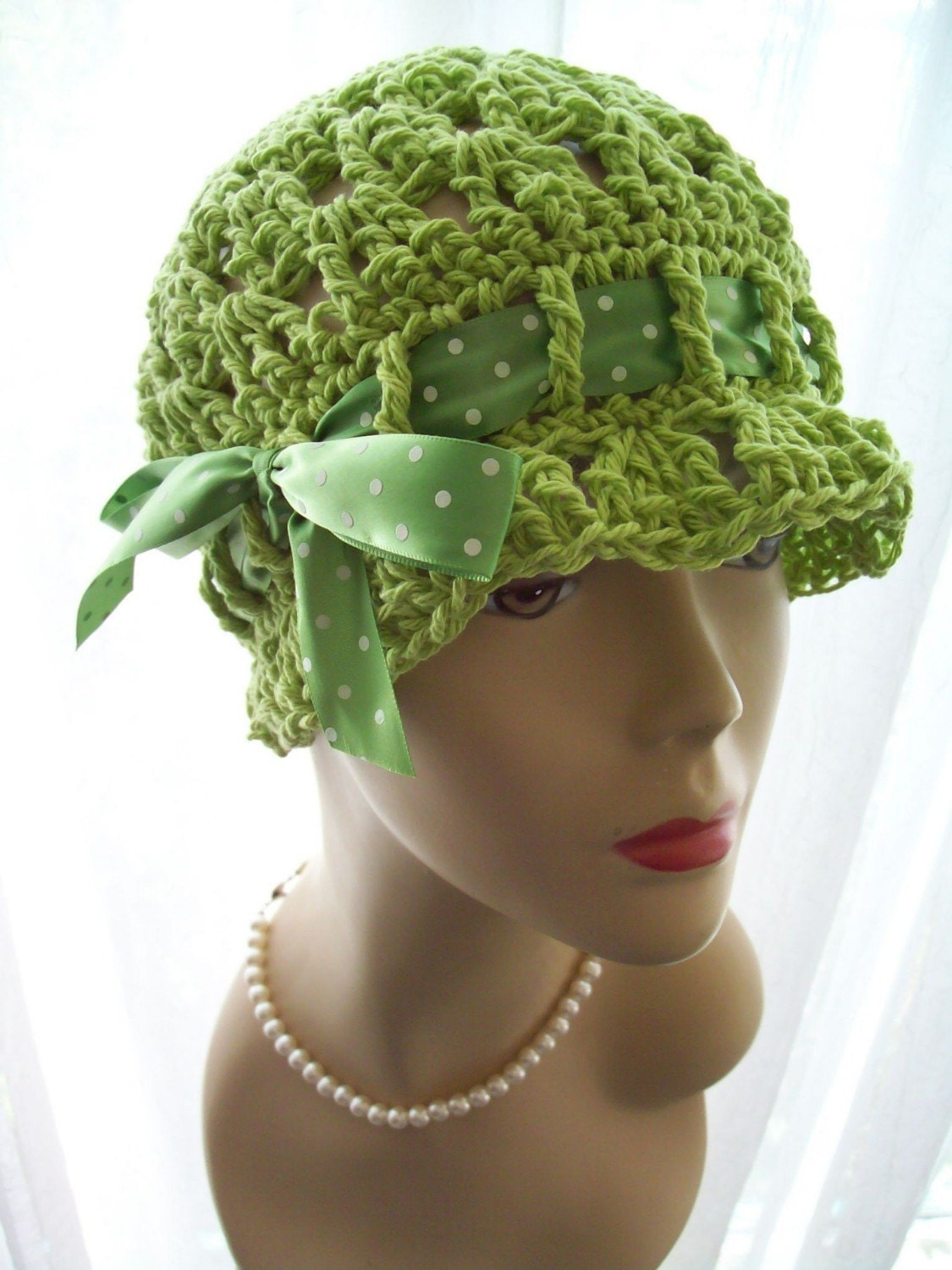 Kiwi Handmade Cotton Cloche Sun Hat Spotted Satin Ribbon