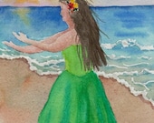 Sunset Hula ORIGINAL OSWOA dancer girl Hawaii 4 x 6 painting by M. Pruitt EBSQ