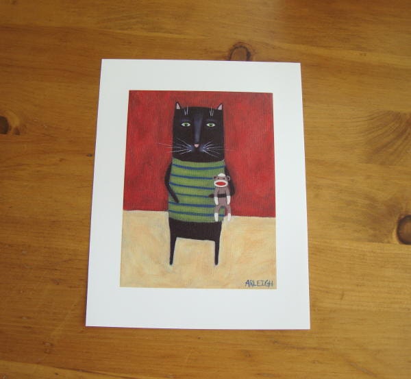 Black Cat Art - Cat with Sock Monkey - Black Cat Print - I Love My Sock Monkey