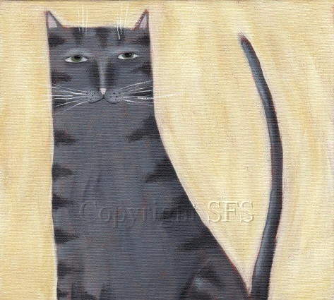 Grey Cat Art, Gray Cat Print from original painting - 8 x 10 - Gray Tabby Cat - Smart Grey Tabby