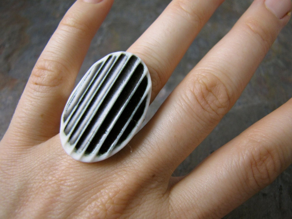 Oval Striped Porcelain Ring in Black