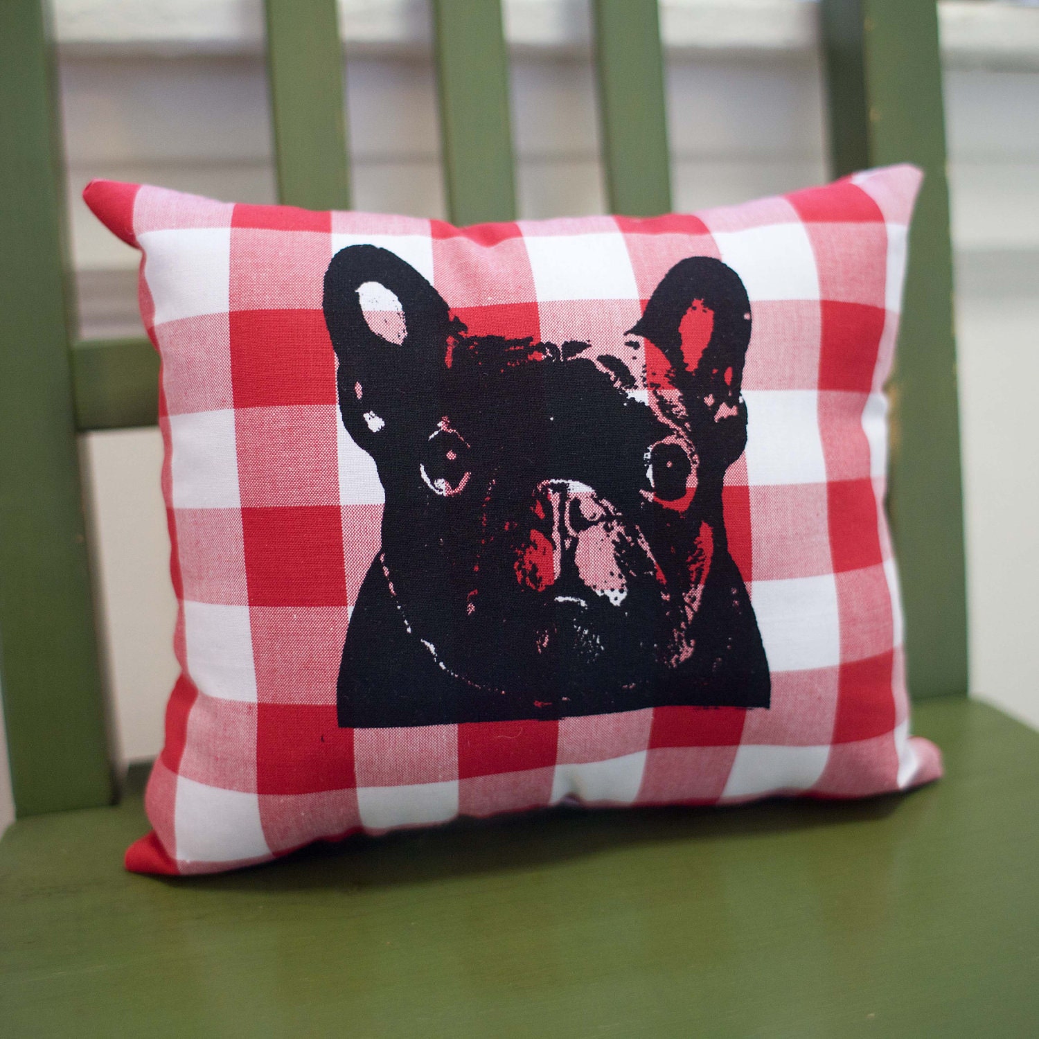 French Bulldog Pillow, Frenchie, red and white gingham fabric, screen print, dog art