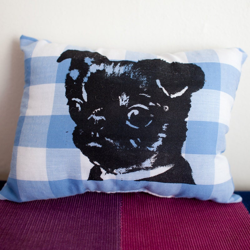 SALE - Brussels Griffon Pillow - blue and white gingham, screenprint, dog portrait