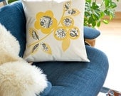 NEW Hand Printed Cotton Canvas Pillows,Scandinavian Flowers, Yellow and Gray
