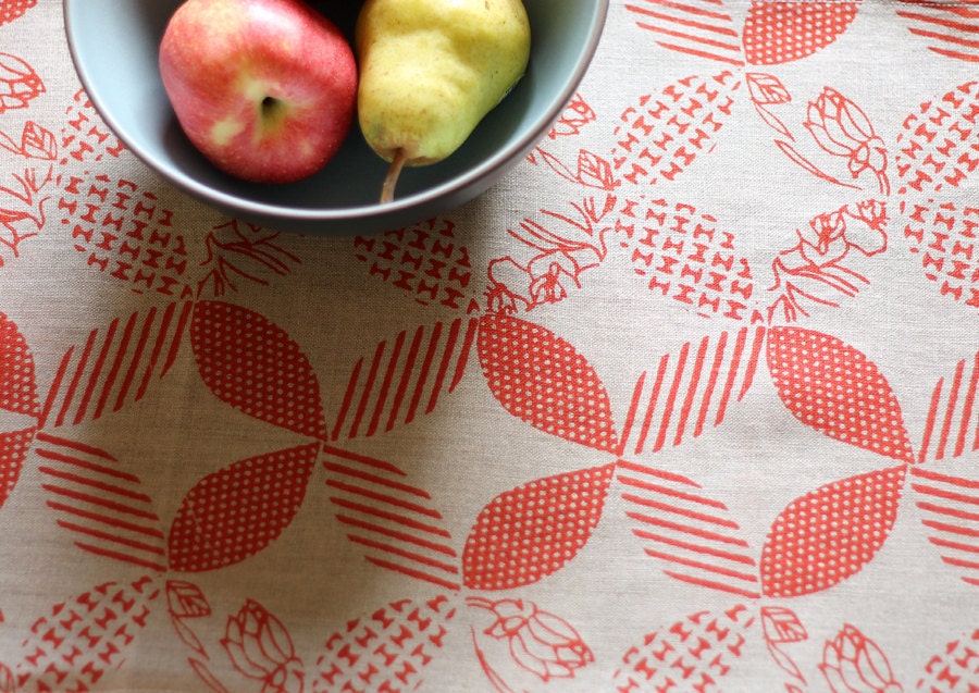 Red Linen Table Runner, Hand Printed, Anna Joyce Textile Collection, 13 x 72