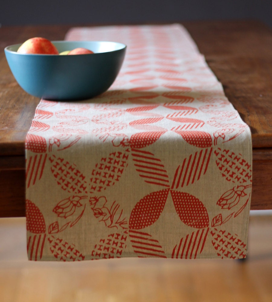 Red Linen Table Runner, Hand Printed, Anna Joyce Textile Collection, 13 x 72