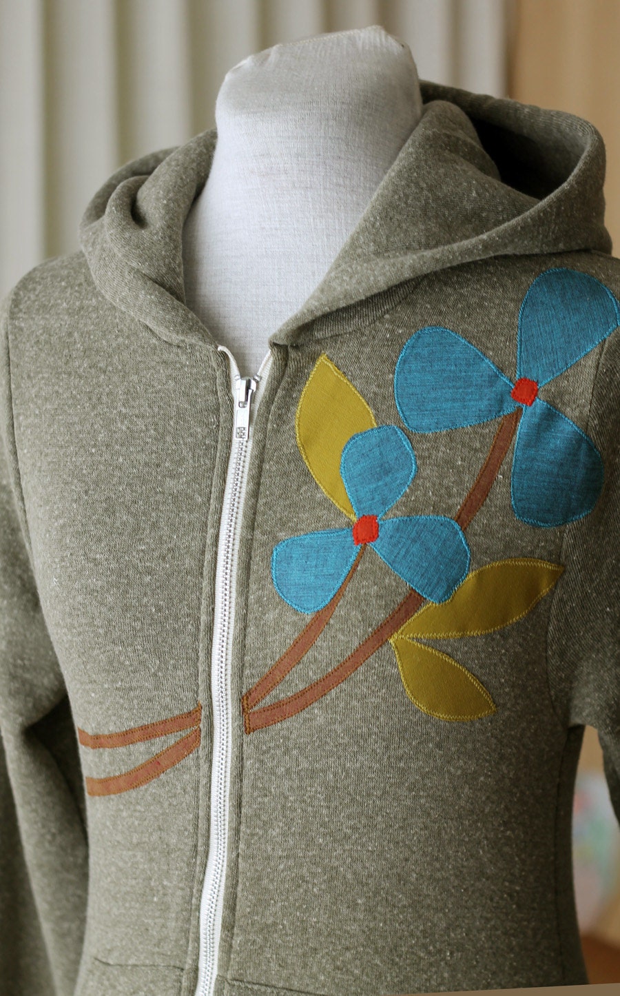LAST ONE Autumn Pinwheel Flower Hoodie, Olive Green, Applique, Small