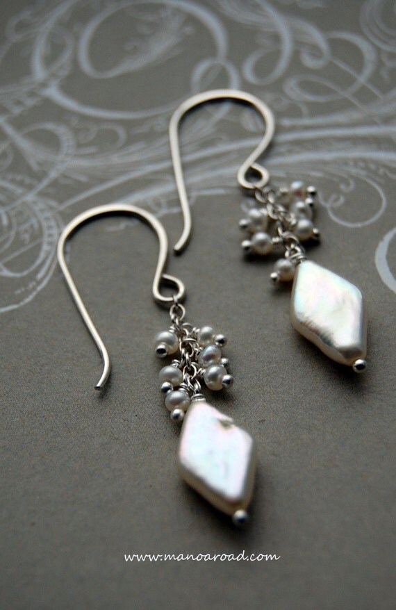 Divine Earrings - Diamond-shaped Freshwater Pearls, Sterling Silver