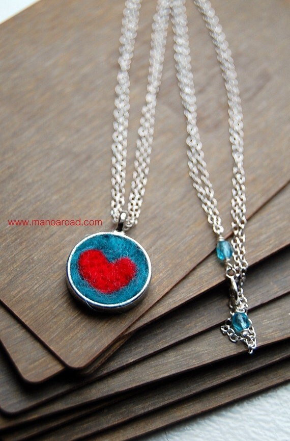 Nested Heart Necklace - Needlefelted Wool, Sterling Silver