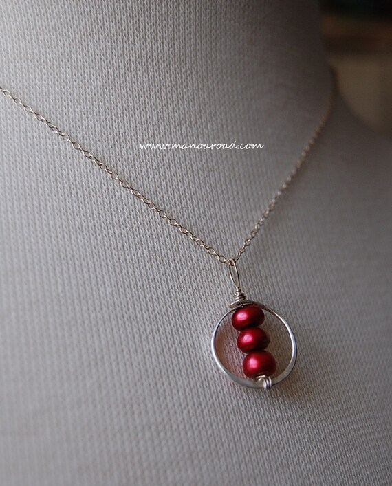 Halo Necklace - Hammered Sterling Silver, Cranberry Pearls