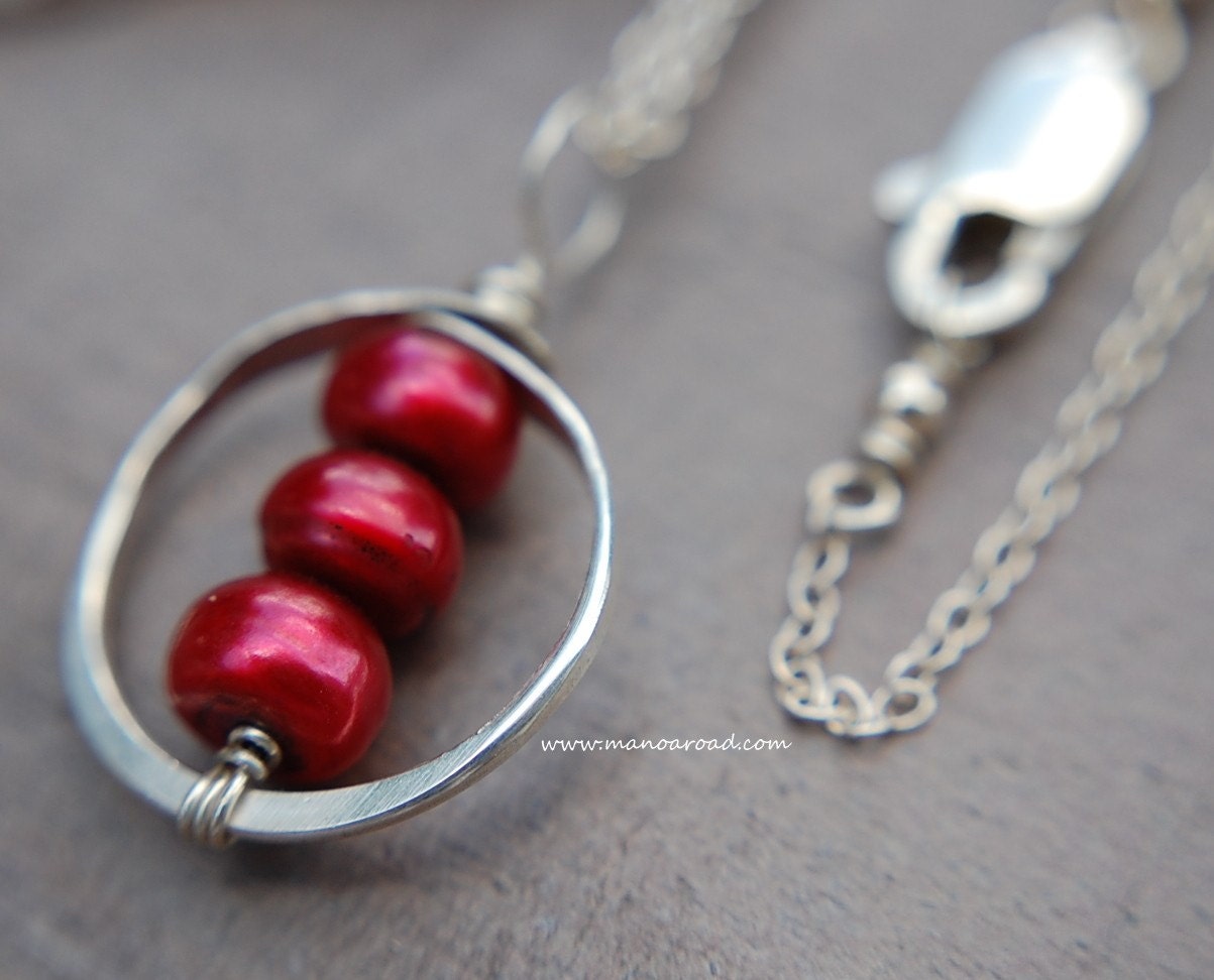 Halo Necklace - Hammered Sterling Silver, Cranberry Pearls