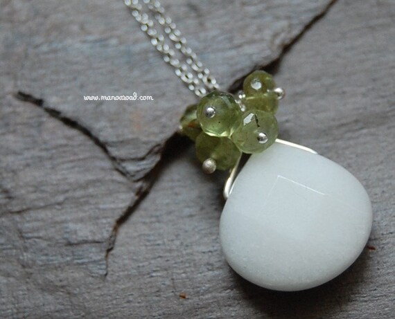 Serenity Necklace - White Jade Briolette Pendant, Green Garnet, Sterling Silver