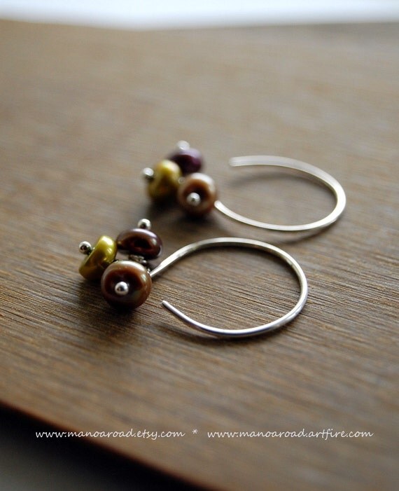 Triolette Earrings - Freshwater Bronze Pearls, Green Pearls, Cranberry Pearls