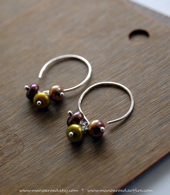 Triolette Earrings - Freshwater Bronze Pearls, Green Pearls, Cranberry Pearls