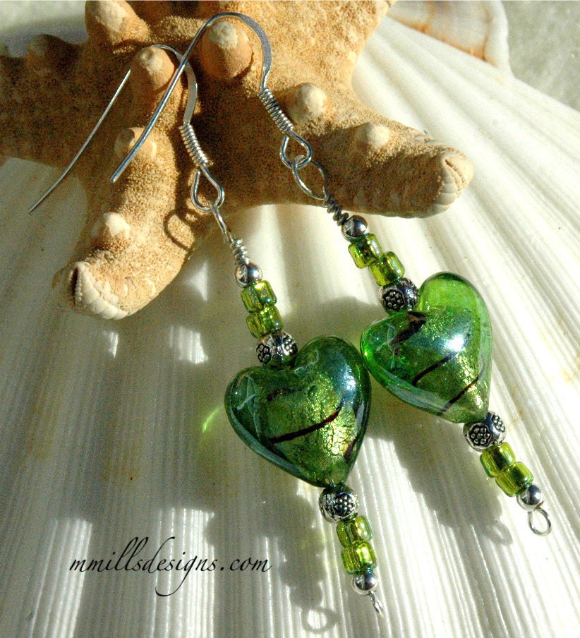 Green Lampwork Heart & Silver Earrings