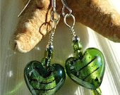 Green Lampwork Heart Earrings