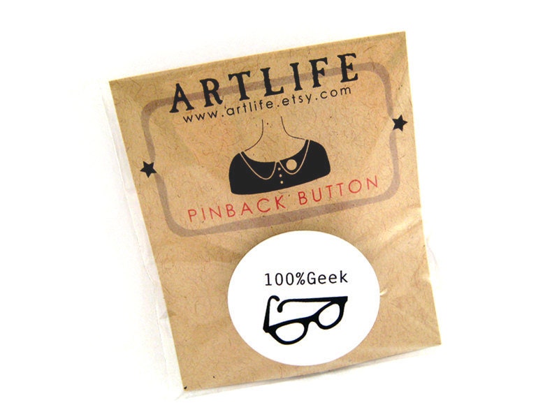 Pinback badge button - 100 percent geek glasses - PACKAGED - Fun Cheap Gift