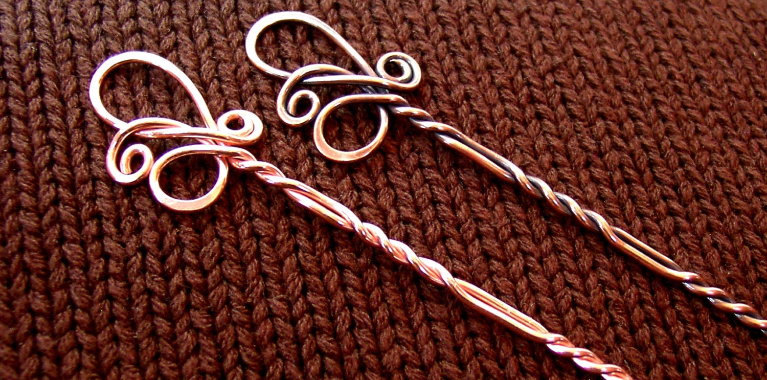 Elegant Copper Twist Shawl Pin - Hand and Heat Forged