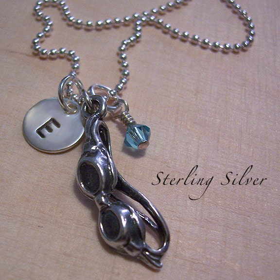 Personalized Necklace - Swim Goggles Charm Necklace - Swim Team Necklace - Hand Stamped Necklace - Sterling Silver - Personalized Jewelry