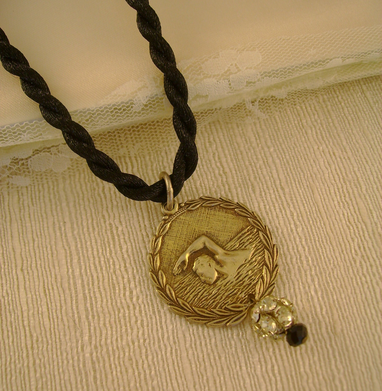 The Swimmer - Vintage Swimming Medal Rhinestone Disco Ball Repurposed Necklace