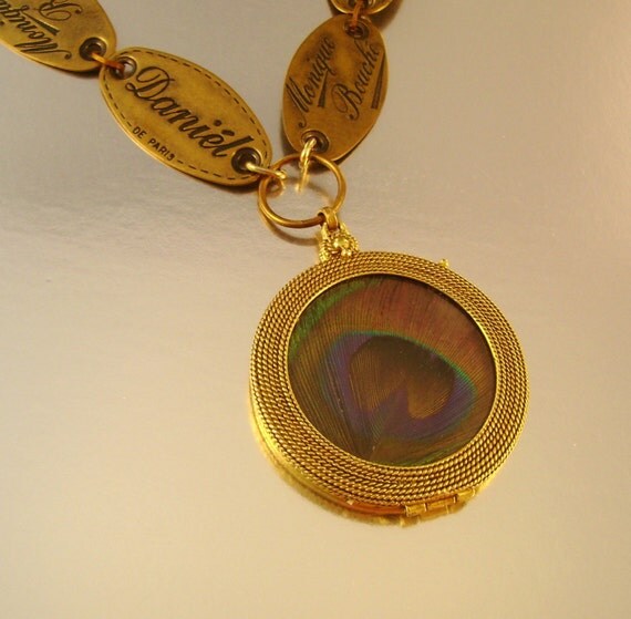 Tag, You're It - Vintage Daniel Monique Bouche Clothing Tag Peacock Feather Locket Mirror Necklace