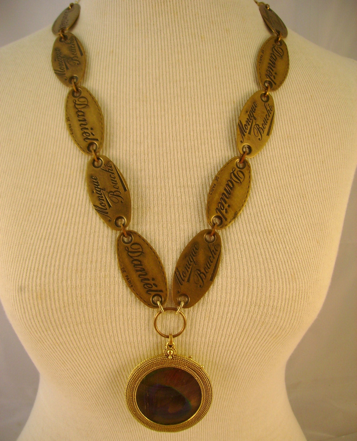 Tag, You're It - Vintage Daniel Monique Bouche Clothing Tag Peacock Feather Locket Mirror Necklace