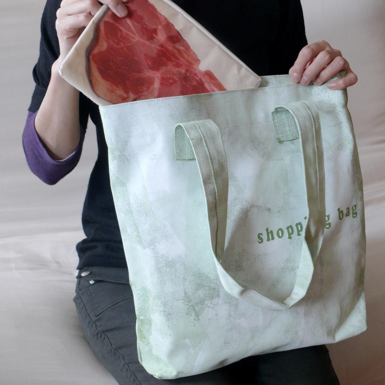 SHOPPING BAG---Hand Painted Tote and Pouch with Porterhouse Steak Image