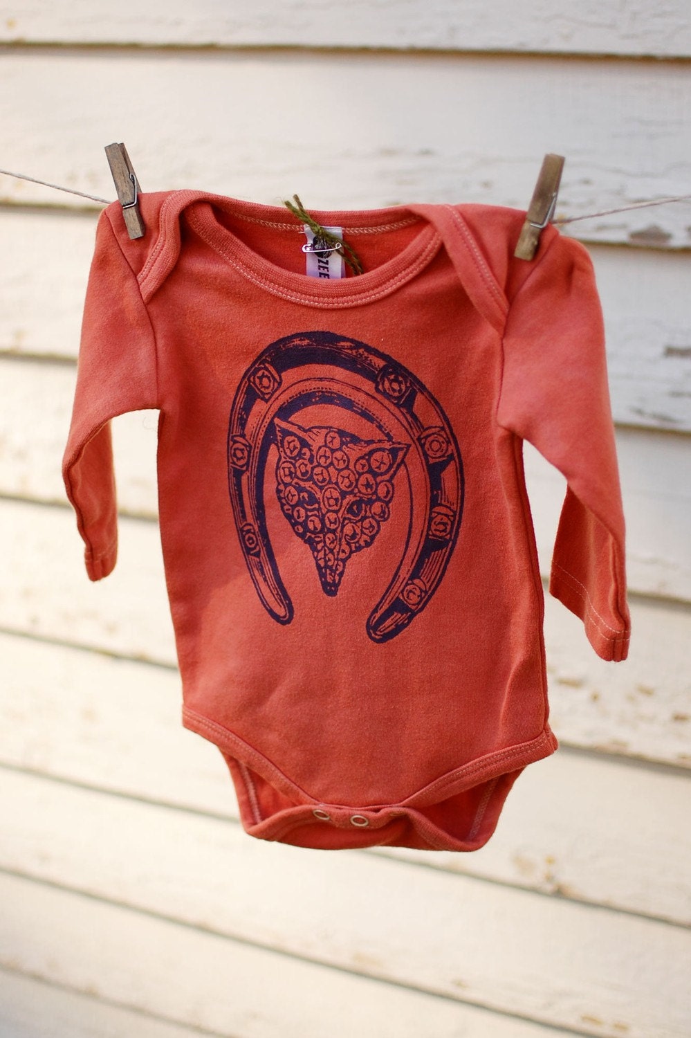 SALE - Organic rosewood onesie with dusty purple fox pendant 3-6 Months