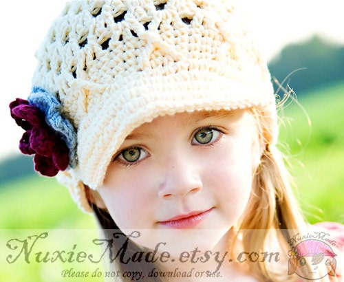 Girls Hat, Child Hat, Crochet Hat, 12-24 months Flower Beanie with Brim- Cream, Silver Grey, Wine, Red, newsgirl, newsboy, Free US Shipping