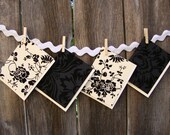 BLACK and IVORY Flocked Fabric Blank Cards (set of 4) Floral and Damask Flocked Fabric Greeting Cards with Deckled Edge Envelopes