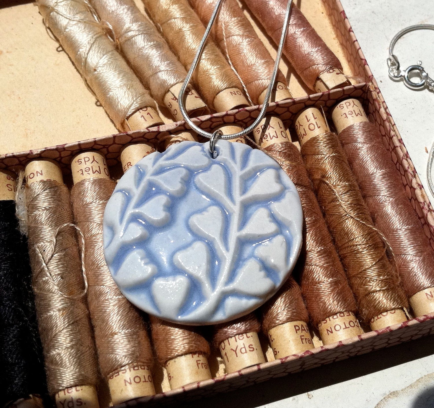 Large Porcelain Pendant, Blue Vining Hearts