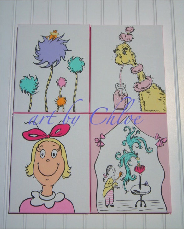 Dr. Seuss Kids Painting Pink Girls Nursery Wall Art  - set of 4 stretched canvases