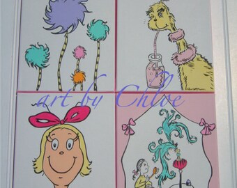 Dr. Seuss Kids Painting Pink Girls Nursery Wall Art  - set of 4 stretched canvases