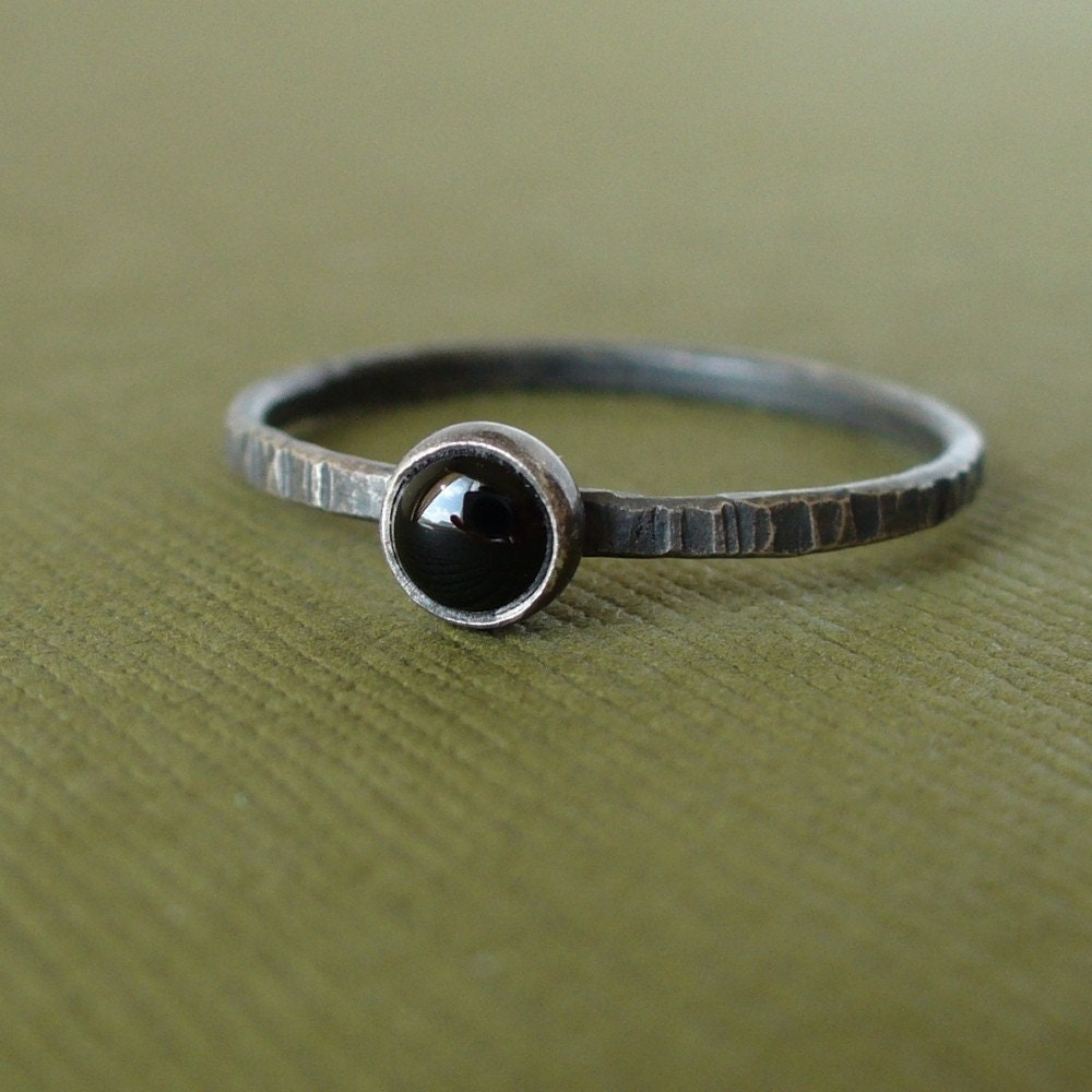 Dainty Black Onyx - Sterling and Fine Silver Tiny Stacking Ring - Makes a Great Pinkie Ring Too