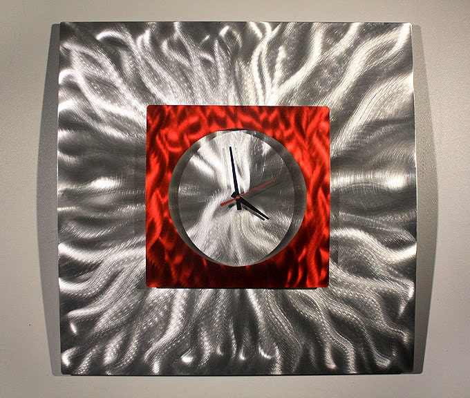 Modern Hand Crafted Metal Abstract Wall Clock Sculpture / Silver and Red Fire Elemental Art  By Jon Allen