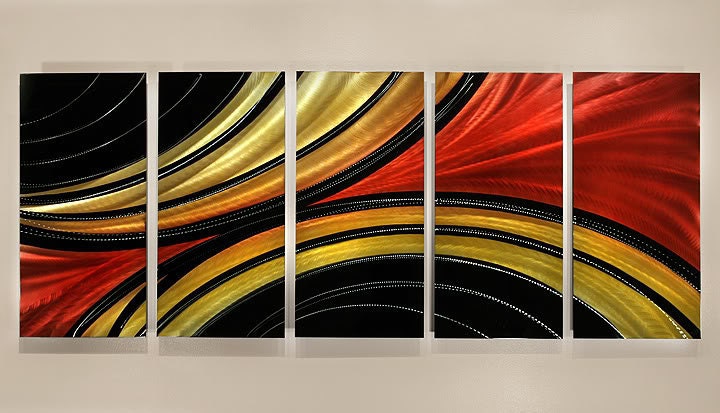 Modern Metal Wall Hand Painted Abstract Art / Solaris Red Black Gold Painting by Jon Allen