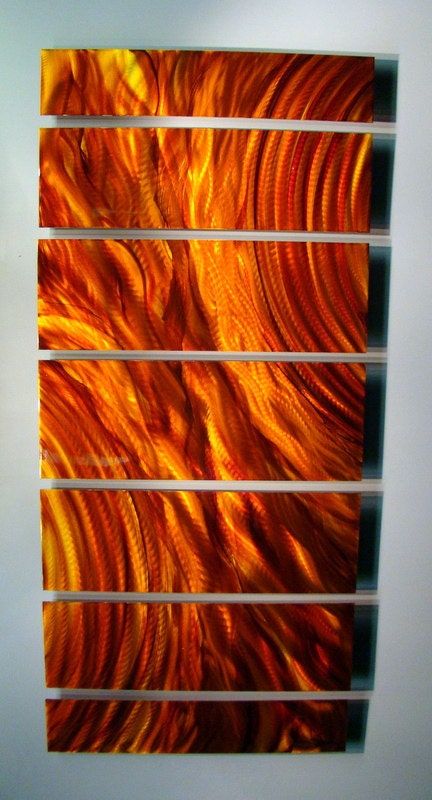 Hand Painted Metal Modern Abstract Wall Art / Amberglow Amber Falls Again Sculpted Panels