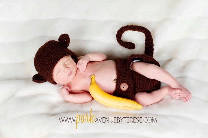 Little Monkey - brown hat and diaper cover with tail set - newborn size
