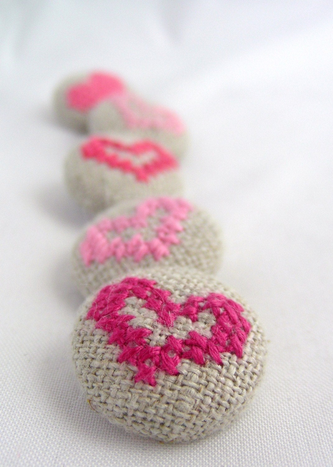 Pink Hearts - Hand Embroidered Buttons