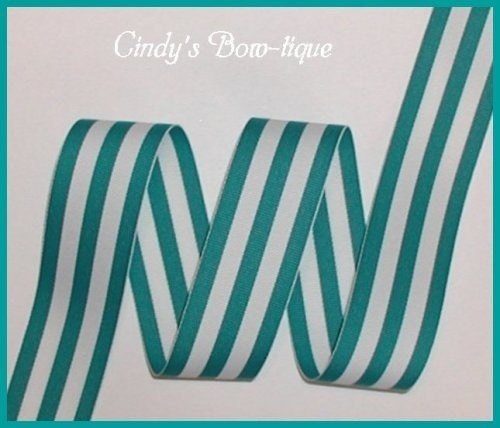 Teal Grosgrain Ribbon Green White Taffy Stripes 5.5 yards 1 1/2 inch wide cbonefive