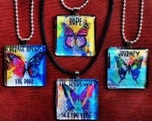 OnE GLASS BUTTERFLY PENDANT with heart tin healing art therapy recovery necklace hope survivor inspirational word phrase