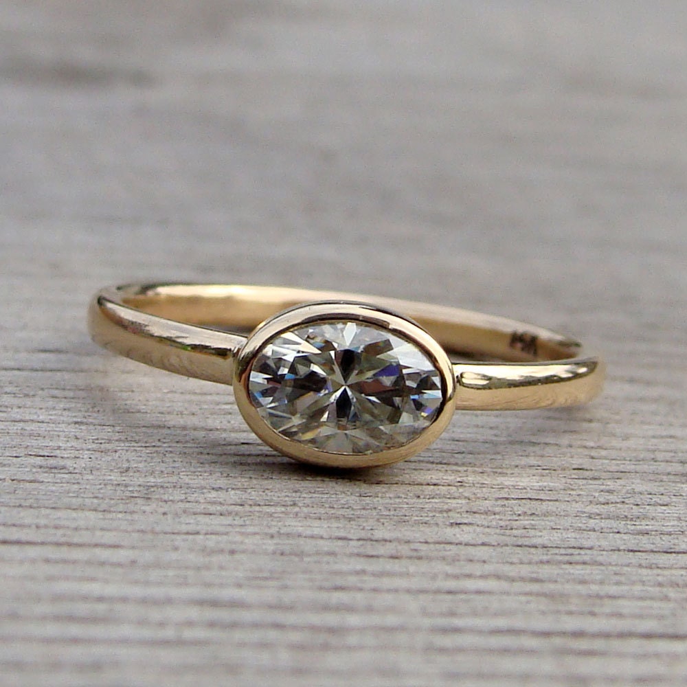 Delicate Oval Moissanite and Recycled 14k Yellow Gold Solitaire Engagement Ring, Made to Order