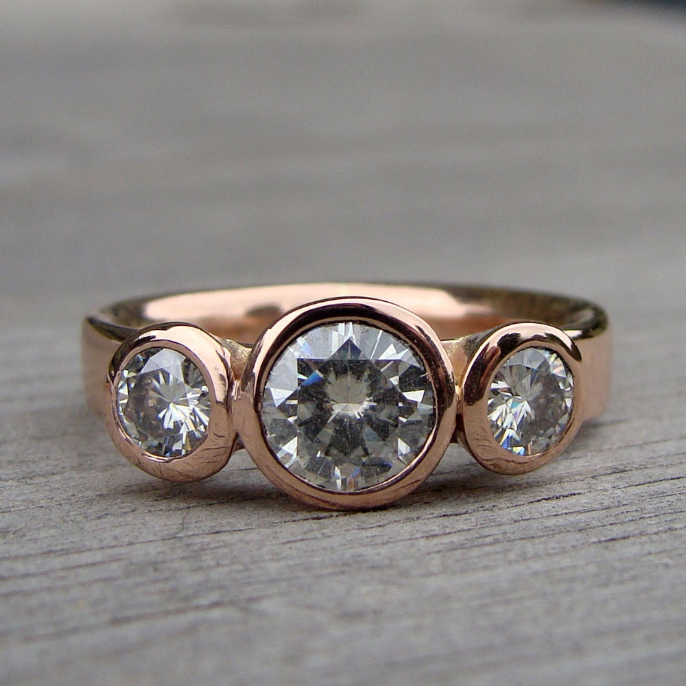 Moissanite and Recycled 14k Rose Gold Three-Stone Wedding or Engagement Ring, Made To Order