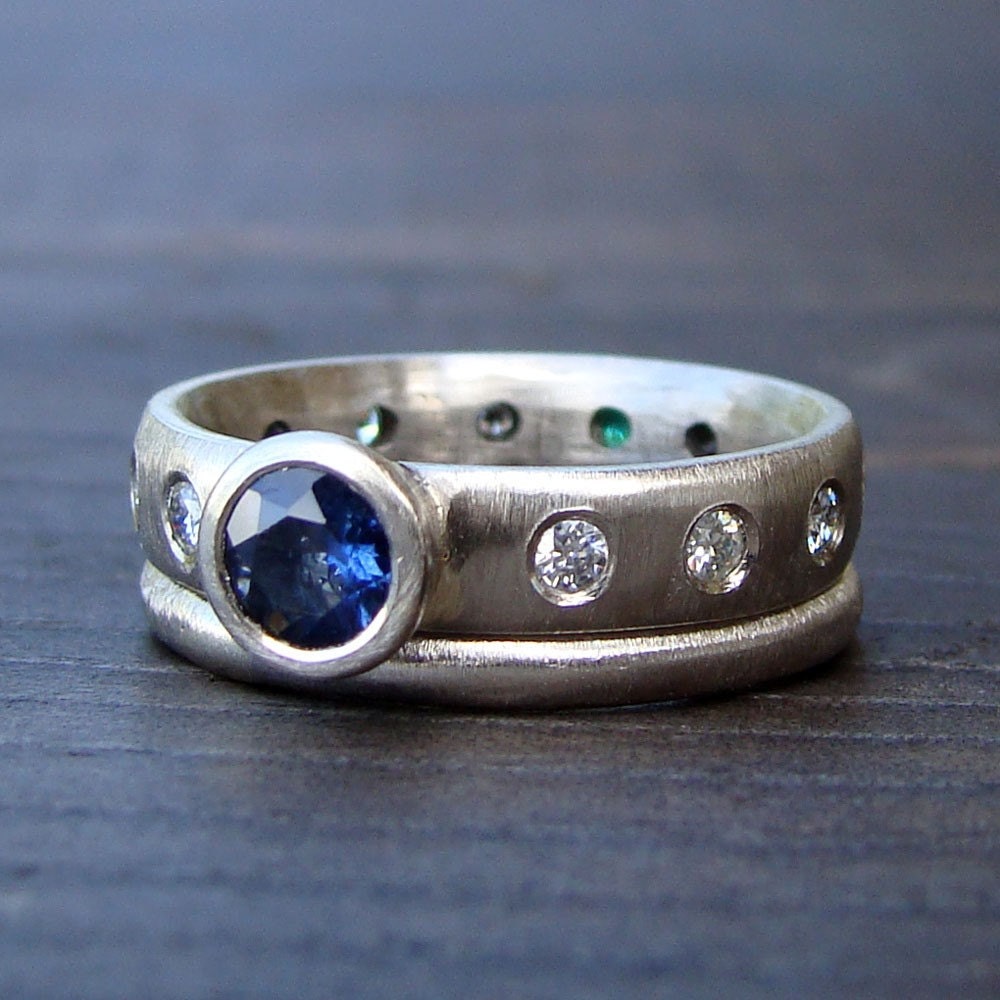 Fair Trade Sapphire and Recycled 14k Palladium White Gold Engagement and Wedding Rings, Made to Order