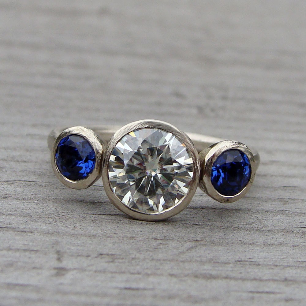 Moissanite, Chatham Blue Sapphire, and Recycled 14k White Gold Three-Stone Wedding or Engagement Ring - Eco-Friendly Diamond Alternative
