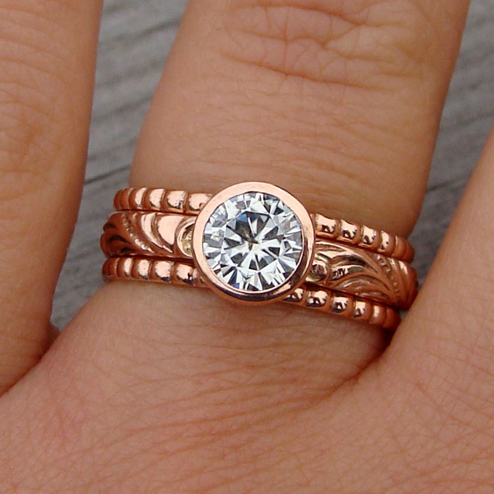 Moissanite and Recycled 14k Rose Gold Stacked Engagment Ring and Wedding Band Set - Diamond Alternative - Made to Order
