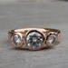 Moissanite and Recycled 14k Rose Gold Three-Stone Wedding or Engagement Ring, Made To Order
